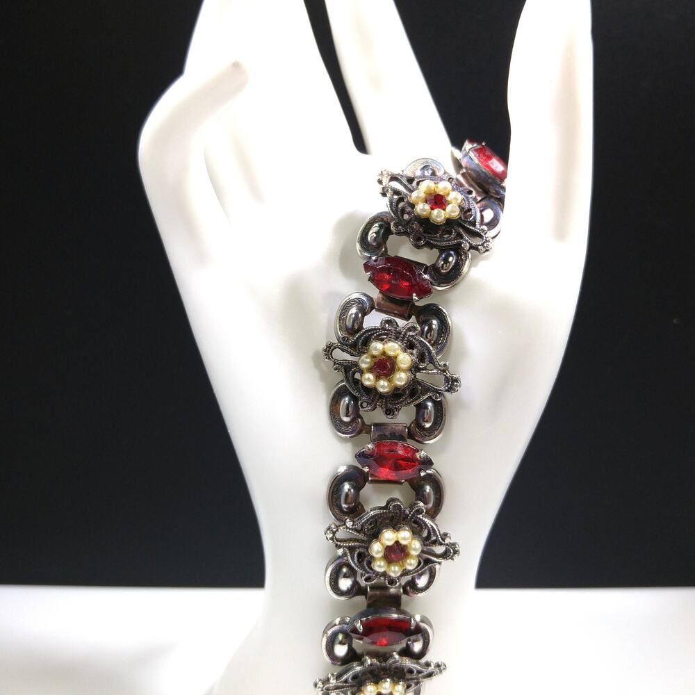 Victorian Red Rhinestone Book Chain Bracelet, Faux Pearl Flowers, 1940s Vintage